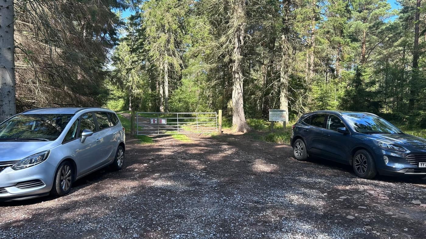 The forestry car park at the foot of the Bin of Cullen — hardcore
surface, room for about six cars, and the gate onto the forest track