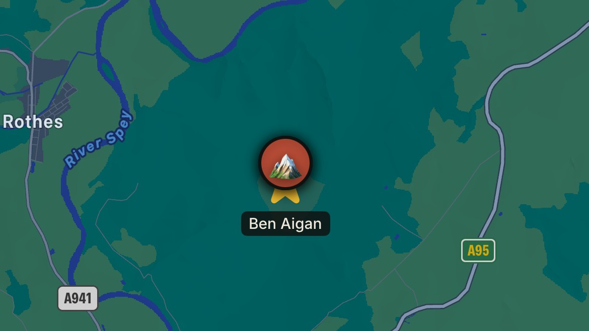 The app's map with the star on Ben Aigan, Rothes and the Spey beside it