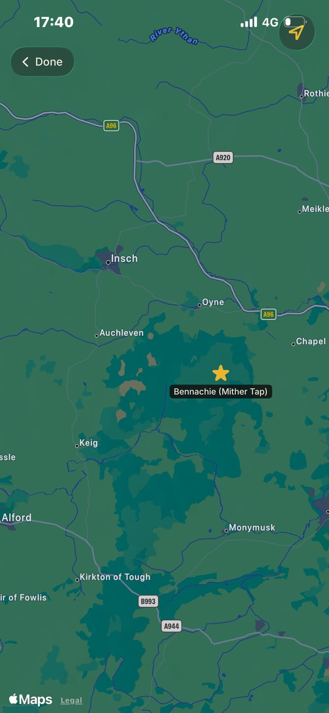 The Climb A Munro app map with a gold star marking Bennachie (Mither Tap)
