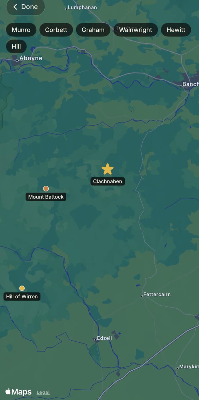 The Climb A Munro app map with a gold star marking Clachnaben