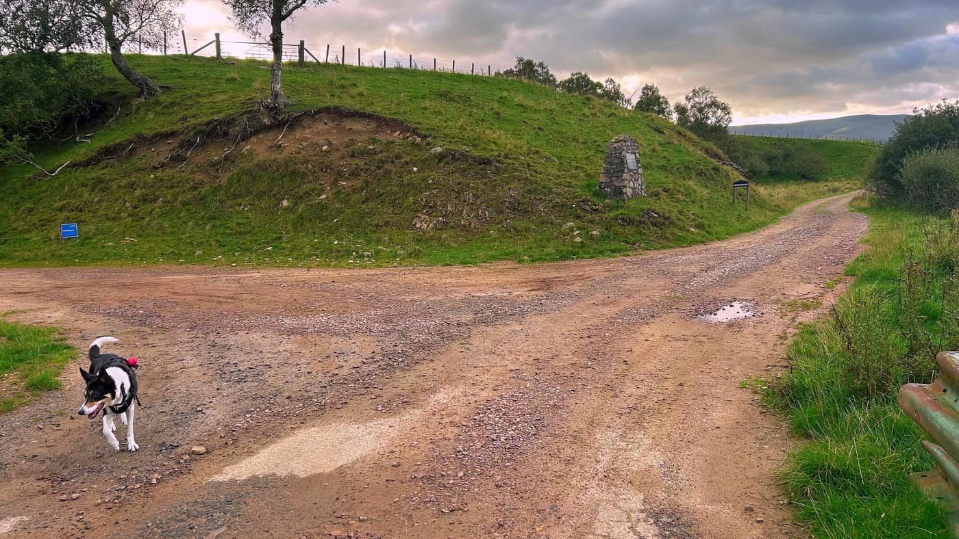 The fork where you bear right, a stone monument on the mound and Chase out in front with his ball