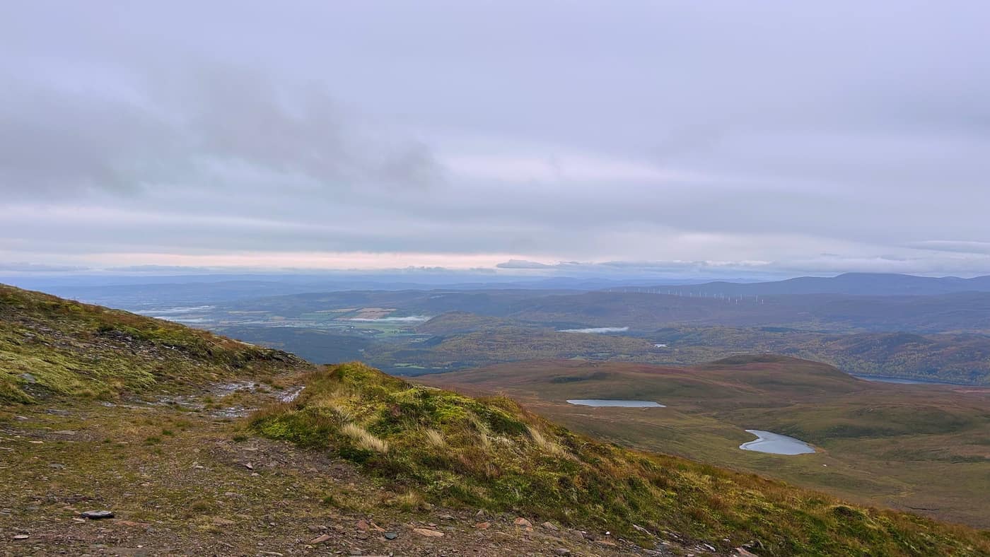 Looking east over the lochans towards the farmland