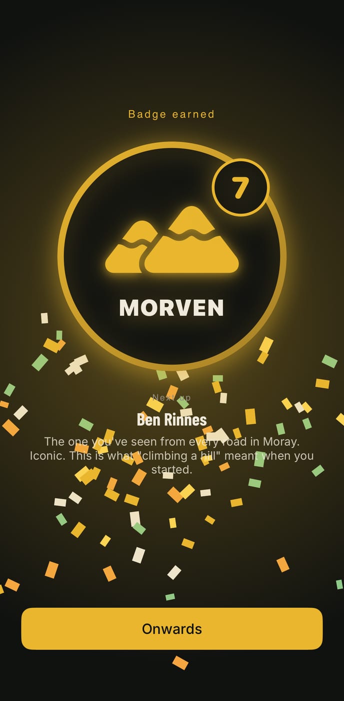 The app showing the Morven badge earned, with Ben Rinnes queued up next