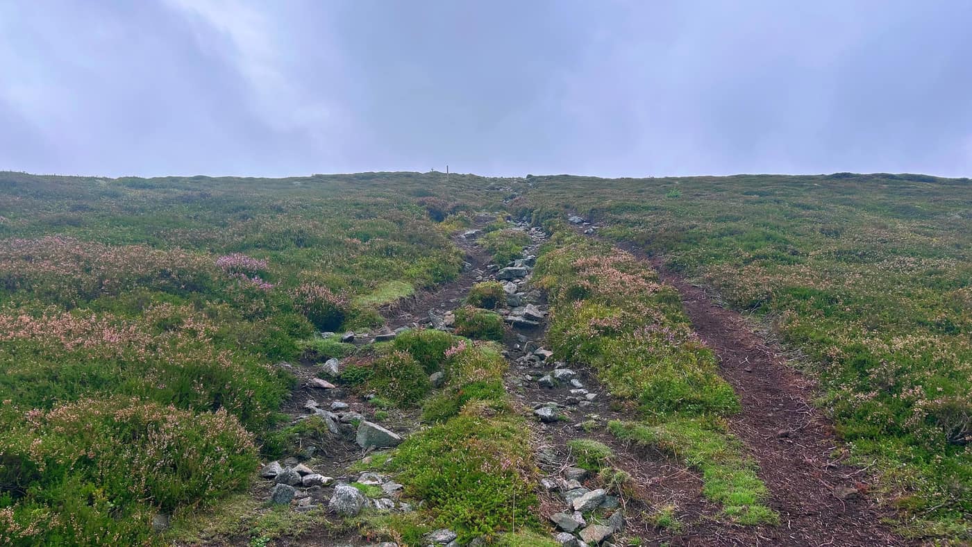 The rocky path climbing into the cloud with a post on the skyline