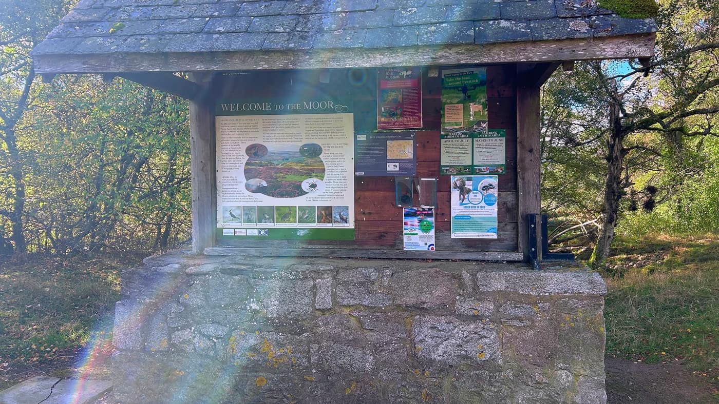 The Welcome to the Moor board in its stone shelter, with the stalking and livestock notices