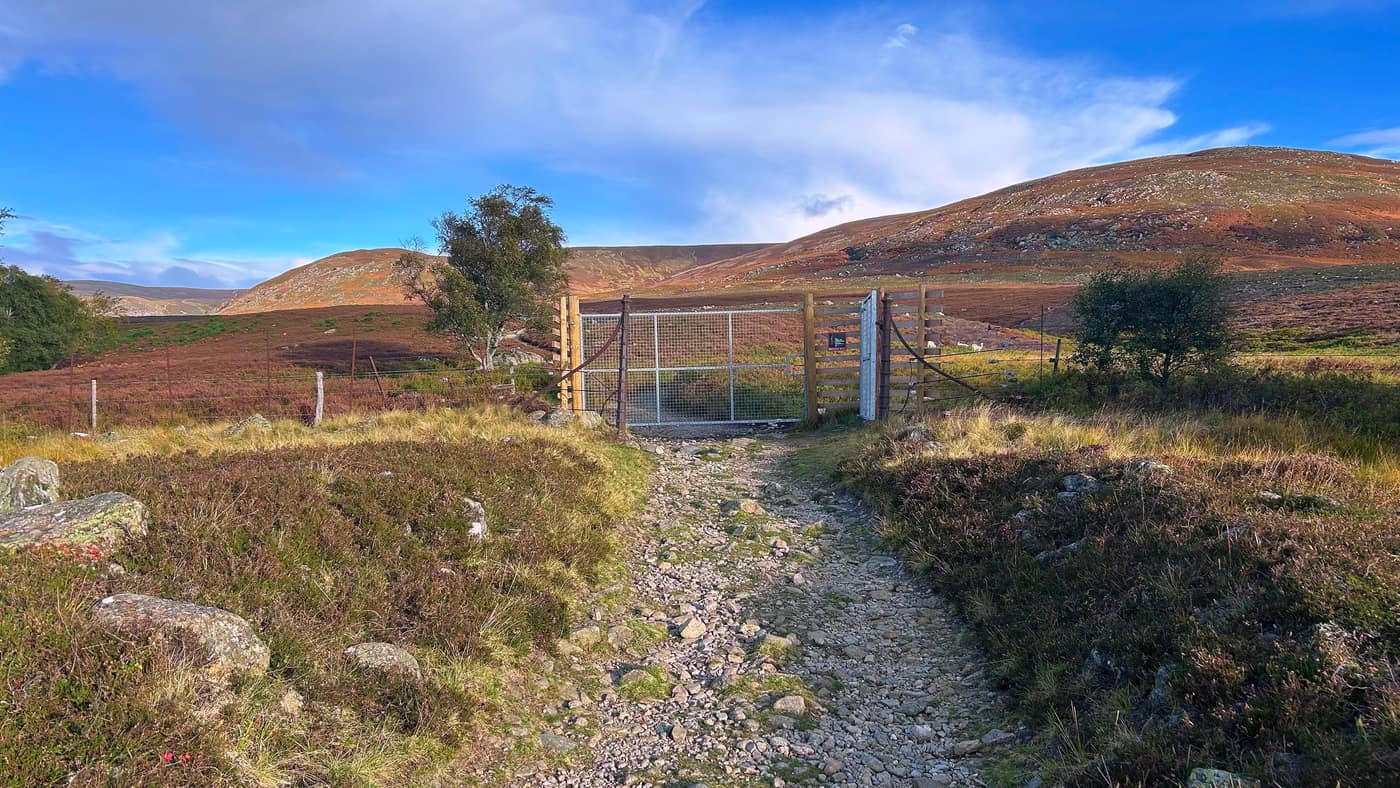 The next gate across the path, wooden fencing either side of it