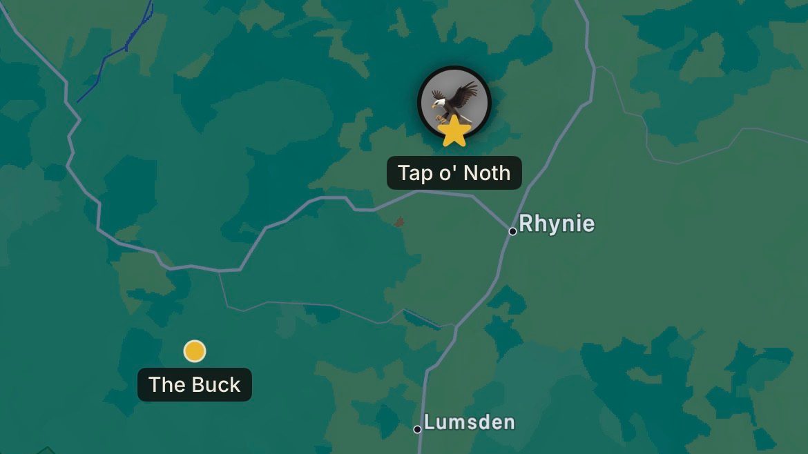 The gold star on Tap o' Noth in the app, with Rhynie below it and The
Buck across the way