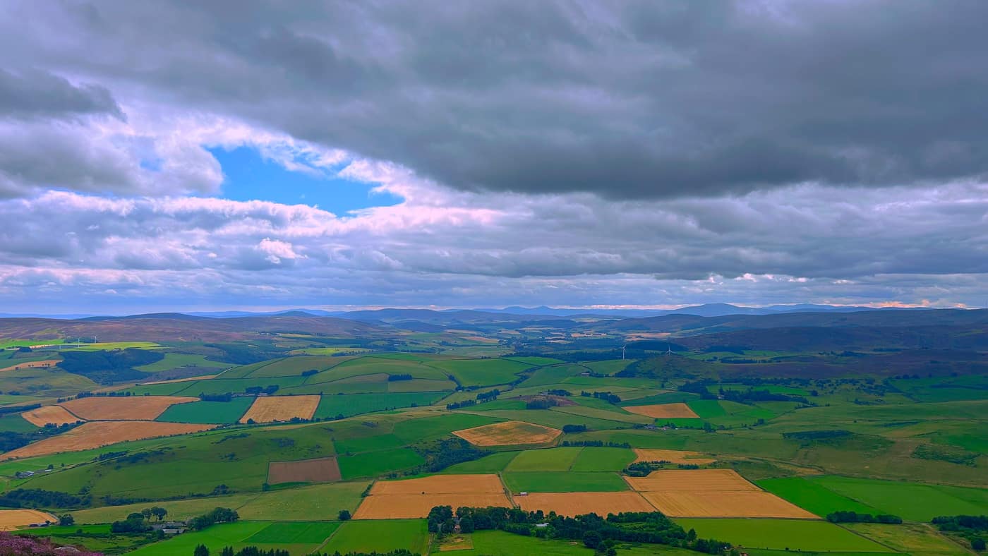 Green and gold fields running out to the hills