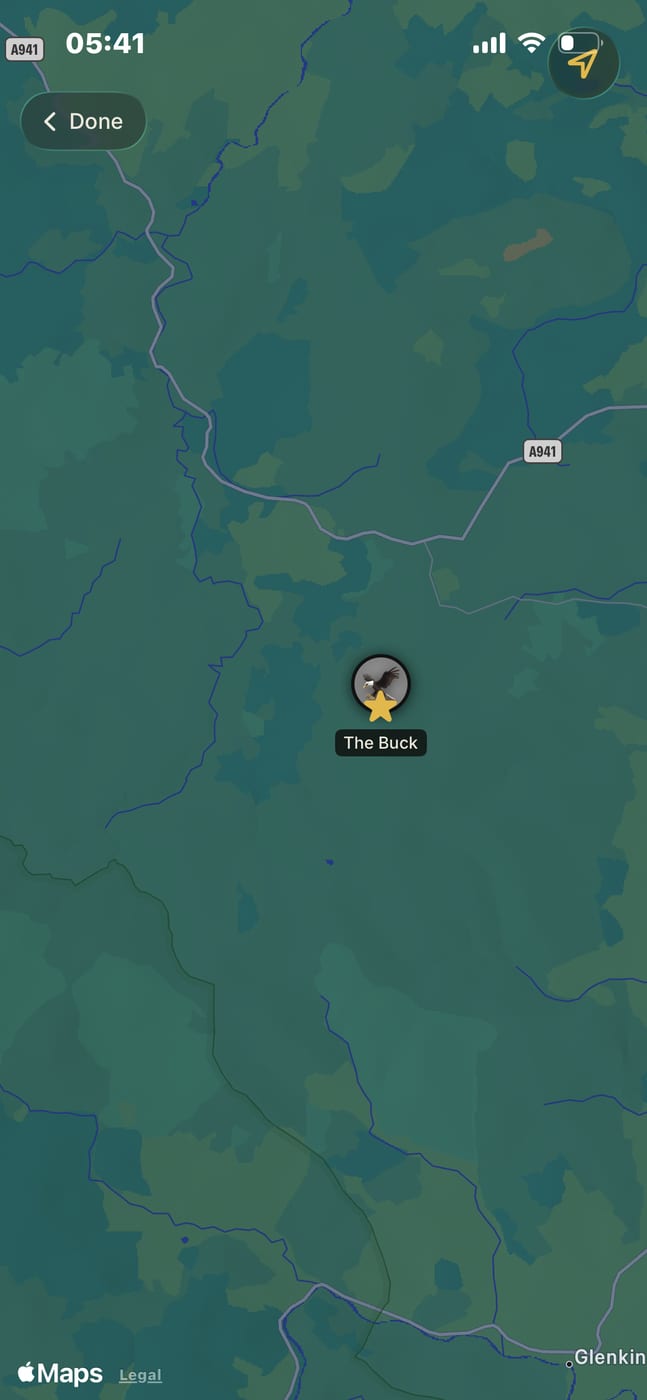 The Climb A Munro app map with a gold star marking The Buck