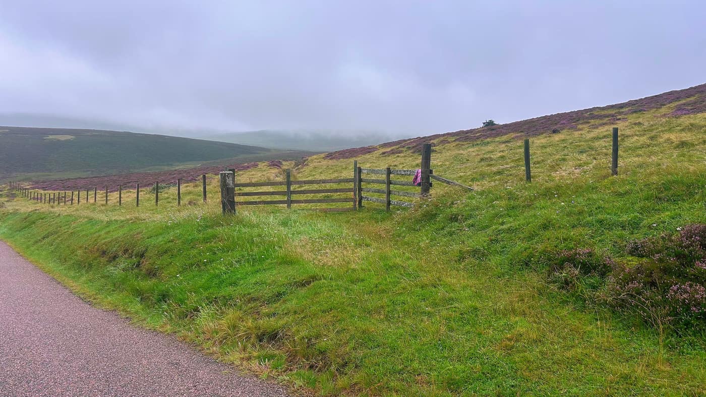 The wooden gate at the roadside, with the hill and the heather beyond it