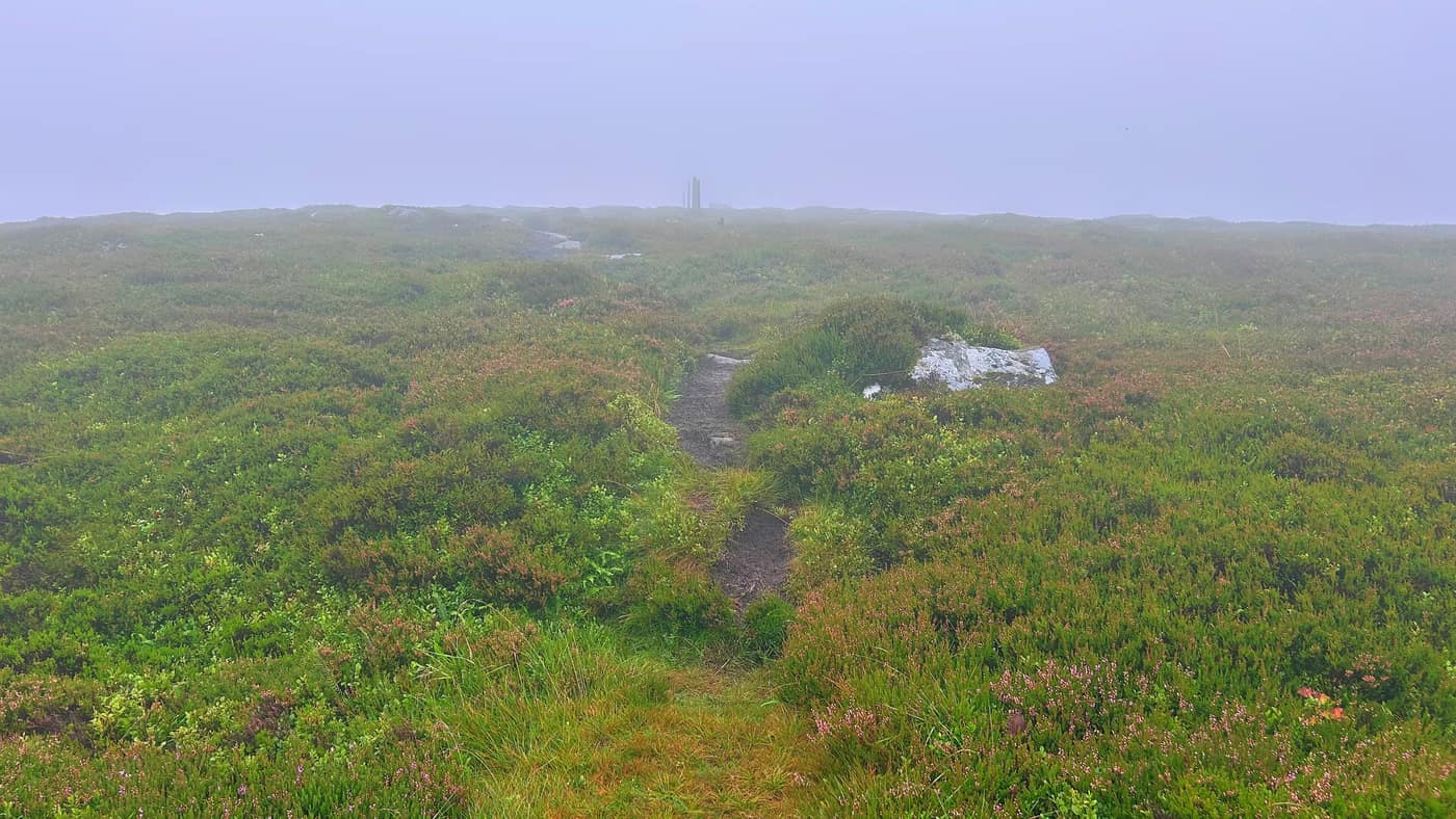 The bump in the path with the white rock on the right, and something
standing up on the skyline ahead